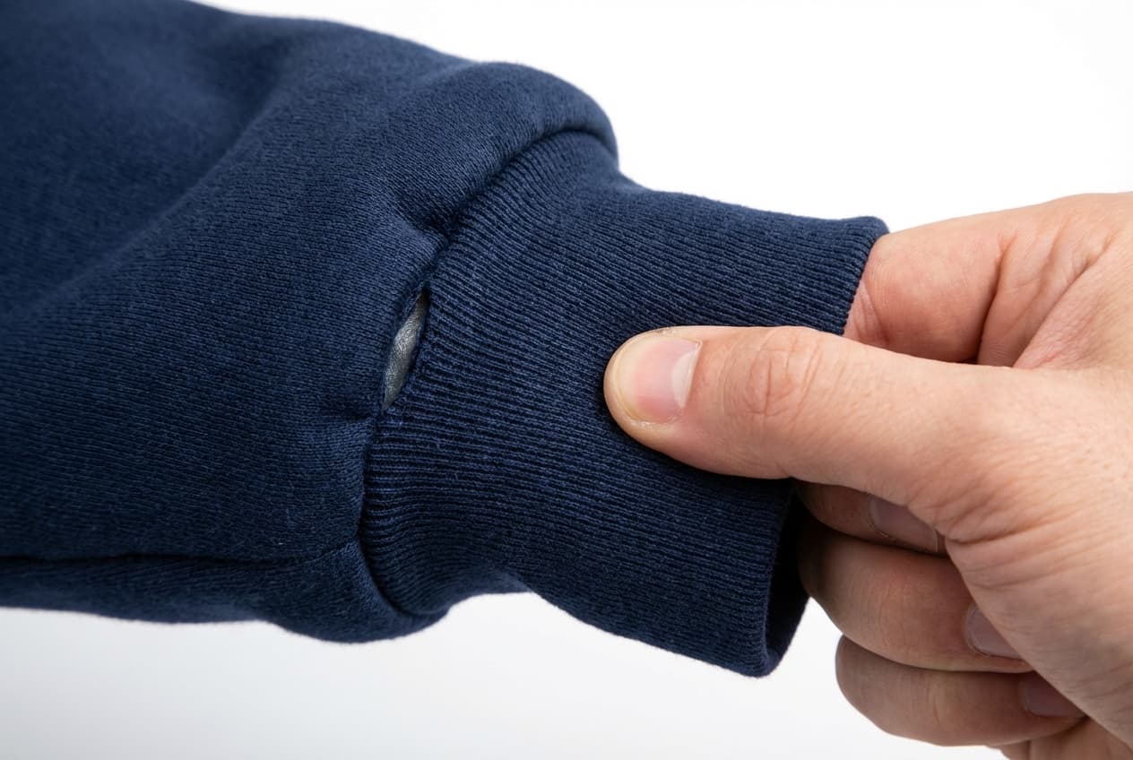A hand squeezing the ribbed cuff of a navy hoodie sleeve